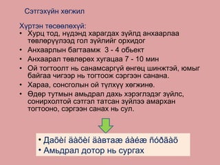 Хүртэн төсөөлөхүй :   Хурц тод, нүдэнд харагдах зүйлд анхаарлаа төвлөрүүлээд гол зүйлийг орхидог Анхаарлын багтаамж  3 - 4 обьект Анхаарал төвлөрөх хугацаа 7 - 10 мин Ой тогтоолт нь санамсаргүй өнгөц шинжтэй, юмыг байгаа чигээр нь тогтоож сэргээн санана. Хараа, сонсголын ой түлхүү хөгжинө.  Өдөр тутмын ам ь драл дахь хэрэглэдэг зүйлс, сонирхолтой сэтгэл  татсан зүйлээ амархан тогтооно, сэргээн санах нь сул. Сэтгэхүйн хөгжил Да õèí äàõèí äà вта æ áàéæ ñóðãàõ Амьдрал дотор нь сургах 