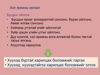 Хэл ярианы хөгжил  Бусдыг ойлгох: Бусдын яриаг анхааралтай сонсоно, бүрэн ойлгоно. Авиаг ялгаж сонсоно. Хийсвэр утгатай үгийг ойлгохгүй Зүйр цэцэн үгийн утгыг ойлгоно. Дуу хоолой, хэл ярианы өнгө ялгаатай болон төстэй талыг ялгана. Асуултад хариулна . Хүүхэд бүртэй харилцах боломжийг гаргах Хүүхэд, хүүхэдтэйгээ харилцах боломжийг олгох 