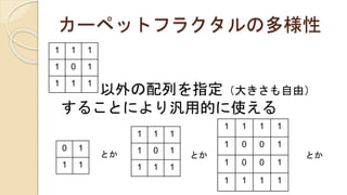 カーペットフラクタルの多様性
以外の配列を指定（大きさも自由）
することにより汎用的に使える
1 1 1
1 0 1
1 1 1
0 1
1 1
1 1 1 1
1 0 0 1
1 0 0 1
1 1 1 1
とか
1 1 1
1 0 1
1 1 1
とか とか
 