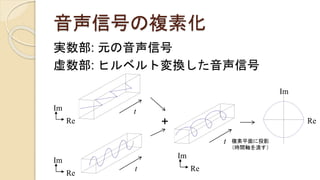 音声信号の複素化
実数部: 元の音声信号
虚数部: ヒルベルト変換した音声信号
t
t
Re
Im
t
+
Re
Im
Re
Im
Re
Im
複素平面に投影
（時間軸を潰す）
 