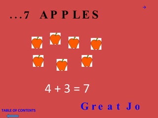 ...7 APPLES 4 + 3 = 7 Great Job!  TABLE OF CONTENTS  