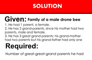 SOLUTION
Given:
1. He had 1 parent, a female.
2. He has 2 grand-parents, since his mother had two
parents, male and female.
3. He has 3 great grand parents: his grand-mother
had two parents but his grand-father had only one
Required:
Number of great-great-grand parents he had
Family of a male drone bee
 