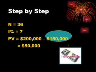 Step by Step N = 36 I% = 7 PV = $200,000 – $150,000   = $50,000  The prize money 