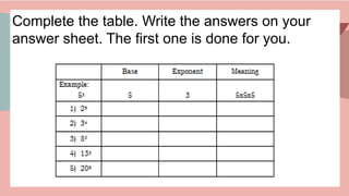 Complete the table. Write the answers on your
answer sheet. The first one is done for you.
 