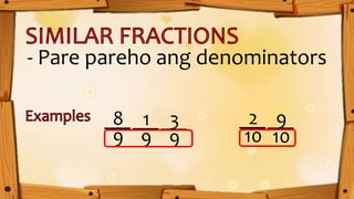 - Pare pareho ang denominators
8
9
1
9
3
9
2
10
9
10