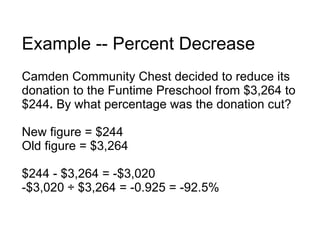 Example -- Percent Decrease Camden Community Chest decided to reduce its donation to the Funtime Preschool from $3,264 to $244 .  By what percentage was the donation cut? New figure = $244 Old figure = $3,264 $244 - $3,264 = -$3,020 -$3,020 ÷ $3,264 = -0.925 = -92.5% 