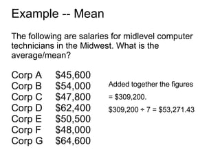 Example -- Mean The following are salaries for midlevel computer technicians in the Midwest. What is the average/mean? Corp A  $45,600 Corp B $54,000 Corp C $47,800 Corp D $62,400 Corp E $50,500 Corp F $48,000 Corp G $64,600 Added together the figures  = $309,200. $309,200 ÷ 7 = $53,271.43 