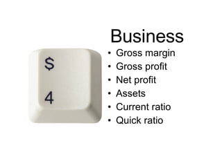 Business Gross margin Gross profit Net profit Assets Current ratio Quick ratio 