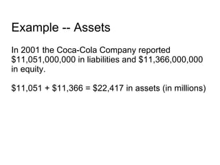 Example -- Assets In 2001 the Coca-Cola Company reported $11,051,000,000 in liabilities and $11,366,000,000 in equity. $11,051 + $11,366 = $22,417 in assets (in millions) 