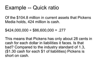 Example -- Quick ratio Of the $104.8 million in current assets that Pickens Media holds, 424 million is cash. $424,000,000 ÷ $86,600,000 = .277 This means that Pickens has only about 28 cents in cash for each dollar in liabilities it faces. Is that bad? Compared to the industry standard of 1.3, ($1.30 cash for each $1 of liabilities) Pickens is short on cash. 