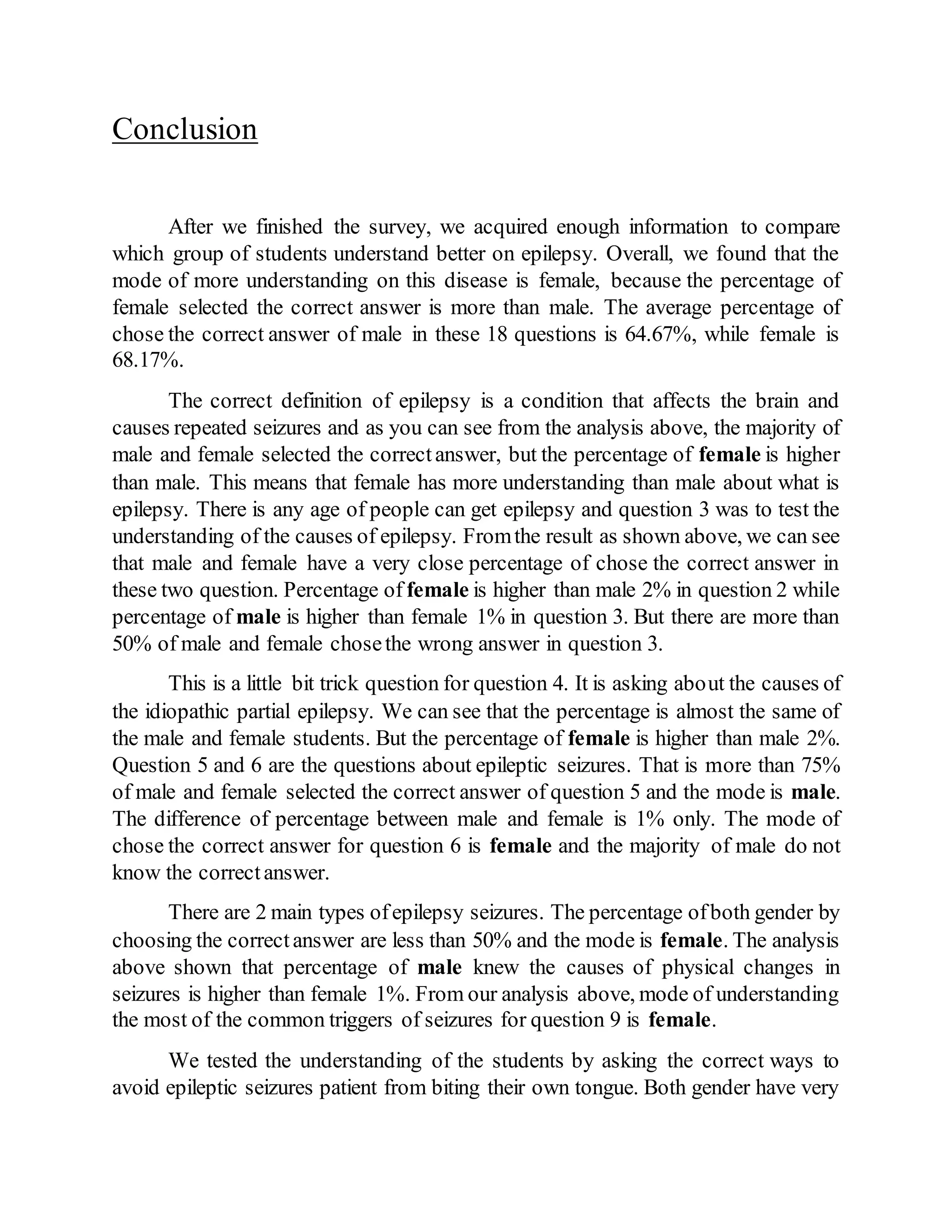 Conclusion
After we finished the survey, we acquired enough information to compare
which group of students understand better on epilepsy. Overall, we found that the
mode of more understanding on this disease is female, because the percentage of
female selected the correct answer is more than male. The average percentage of
chose the correct answer of male in these 18 questions is 64.67%, while female is
68.17%.
The correct definition of epilepsy is a condition that affects the brain and
causes repeated seizures and as you can see from the analysis above, the majority of
male and female selected the correctanswer, but the percentage of female is higher
than male. This means that female has more understanding than male about what is
epilepsy. There is any age of people can get epilepsy and question 3 was to test the
understanding of the causes of epilepsy. Fromthe result as shown above, we can see
that male and female have a very close percentage of chose the correct answer in
these two question. Percentage of female is higher than male 2% in question 2 while
percentage of male is higher than female 1% in question 3. But there are more than
50% of male and female chosethe wrong answer in question 3.
This is a little bit trick question for question 4. It is asking about the causes of
the idiopathic partial epilepsy. We can see that the percentage is almost the same of
the male and female students. But the percentage of female is higher than male 2%.
Question 5 and 6 are the questions about epileptic seizures. That is more than 75%
of male and female selected the correct answer of question 5 and the mode is male.
The difference of percentage between male and female is 1% only. The mode of
chose the correct answer for question 6 is female and the majority of male do not
know the correctanswer.
There are 2 main types ofepilepsy seizures. The percentage ofboth gender by
choosing the correctanswer are less than 50% and the mode is female. The analysis
above shown that percentage of male knew the causes of physical changes in
seizures is higher than female 1%. From our analysis above, mode of understanding
the most of the common triggers of seizures for question 9 is female.
We tested the understanding of the students by asking the correct ways to
avoid epileptic seizures patient from biting their own tongue. Both gender have very
 