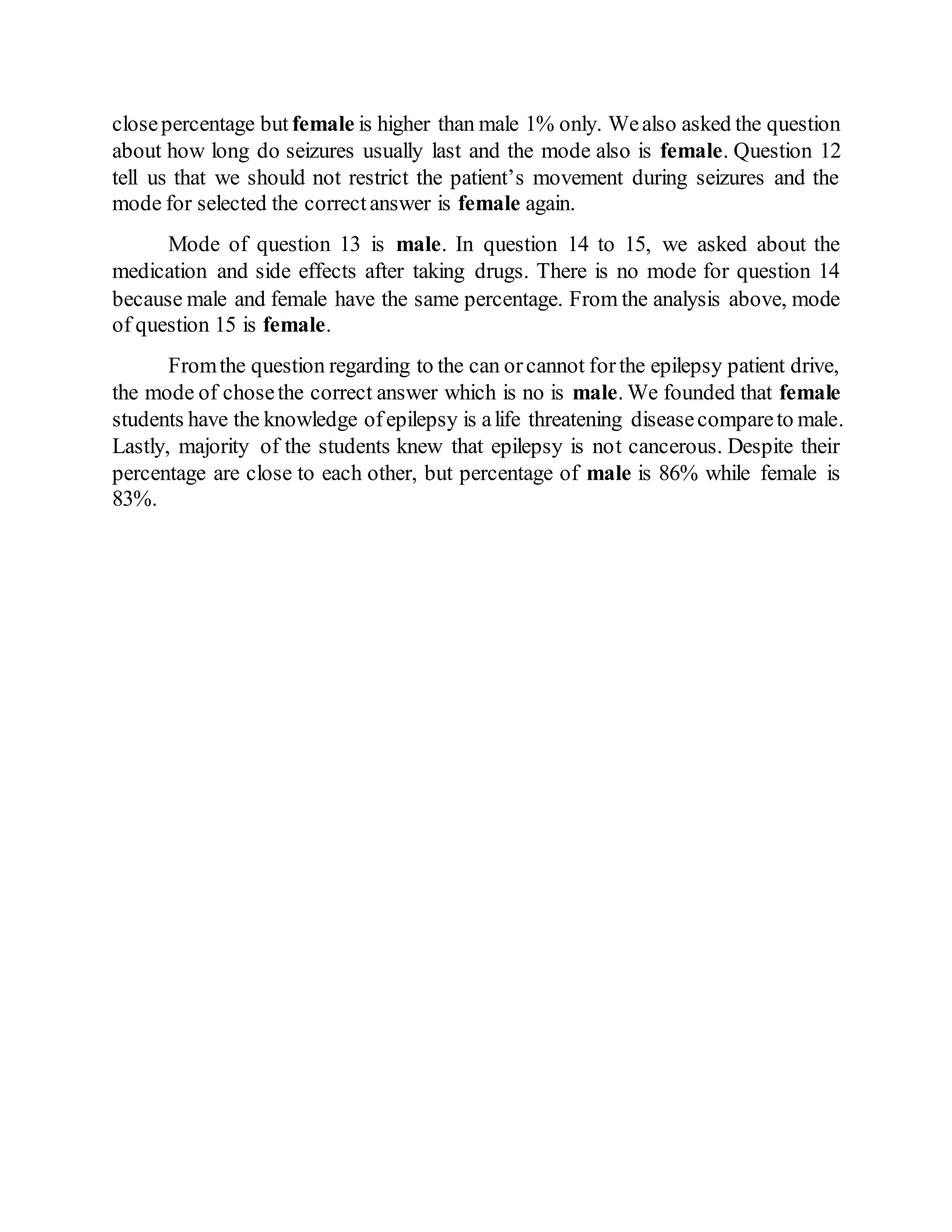 closepercentage but female is higher than male 1% only. Wealso asked the question
about how long do seizures usually last and the mode also is female. Question 12
tell us that we should not restrict the patient’s movement during seizures and the
mode for selected the correctanswer is female again.
Mode of question 13 is male. In question 14 to 15, we asked about the
medication and side effects after taking drugs. There is no mode for question 14
because male and female have the same percentage. From the analysis above, mode
of question 15 is female.
Fromthe question regarding to the can orcannot forthe epilepsy patient drive,
the mode of chosethe correct answer which is no is male. We founded that female
students have the knowledge ofepilepsy is alife threatening diseasecompareto male.
Lastly, majority of the students knew that epilepsy is not cancerous. Despite their
percentage are close to each other, but percentage of male is 86% while female is
83%.
 