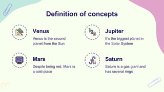 Despite being red, Mars is
a cold place
Definition of concepts
Venus
Venus is the second
planet from the Sun
Jupiter
It’s the biggest planet in
the Solar System
Mars Saturn
Saturn is a gas giant and
has several rings
 