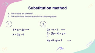 Substitution method
1. We isolate an unknown
2. We substitute the unknown in the other equation
4 + x = 2y
1
x = 2y - 4
2x - y = 1
2
2 · (2y - 4) - y =
1
4y - 8 - y = 1
 