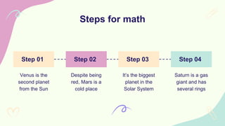 Steps for math
Step 01 Step 02 Step 03 Step 04
Despite being
red, Mars is a
cold place
Venus is the
second planet
from the Sun
It’s the biggest
planet in the
Solar System
Saturn is a gas
giant and has
several rings
 