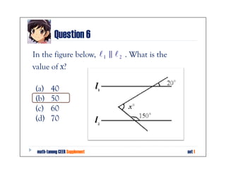 Question 6 Solution
Draw an extra line passing through the vertex of
angle x and parallel to 1 and 2



                  ...