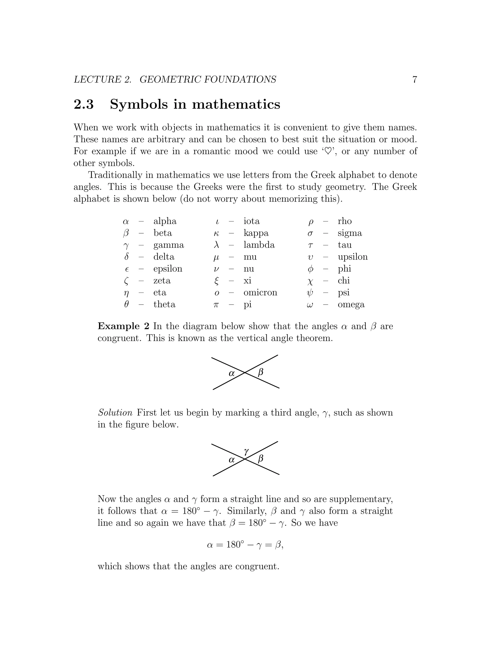 LECTURE 2. GEOMETRIC FOUNDATIONS                                               7

2.3     Symbols in mathematics
When we work with objects in mathematics it is convenient to give them names.
These names are arbitrary and can be chosen to best suit the situation or mood.
For example if we are in a romantic mood we could use ‘♥’, or any number of
other symbols.
   Traditionally in mathematics we use letters from the Greek alphabet to denote
angles. This is because the Greeks were the ﬁrst to study geometry. The Greek
alphabet is shown below (do not worry about memorizing this).

           α    –   alpha        ι   –   iota          ρ   –   rho
           β    –   beta         κ   –   kappa         σ   –   sigma
           γ    –   gamma        λ   –   lambda        τ   –   tau
           δ    –   delta        µ   –   mu            υ   –   upsilon
                –   epsilon      ν   –   nu            φ   –   phi
            ζ   –   zeta         ξ   –   xi            χ   –   chi
            η   –   eta          o   –   omicron       ψ   –   psi
            θ   –   theta        π   –   pi            ω   –   omega

      Example 2 In the diagram below show that the angles α and β are
      congruent. This is known as the vertical angle theorem.


                                     α       β



      Solution First let us begin by marking a third angle, γ, such as shown
      in the ﬁgure below.

                                         γ
                                     α       β



      Now the angles α and γ form a straight line and so are supplementary,
      it follows that α = 180◦ − γ. Similarly, β and γ also form a straight
      line and so again we have that β = 180◦ − γ. So we have

                               α = 180◦ − γ = β,

      which shows that the angles are congruent.
 