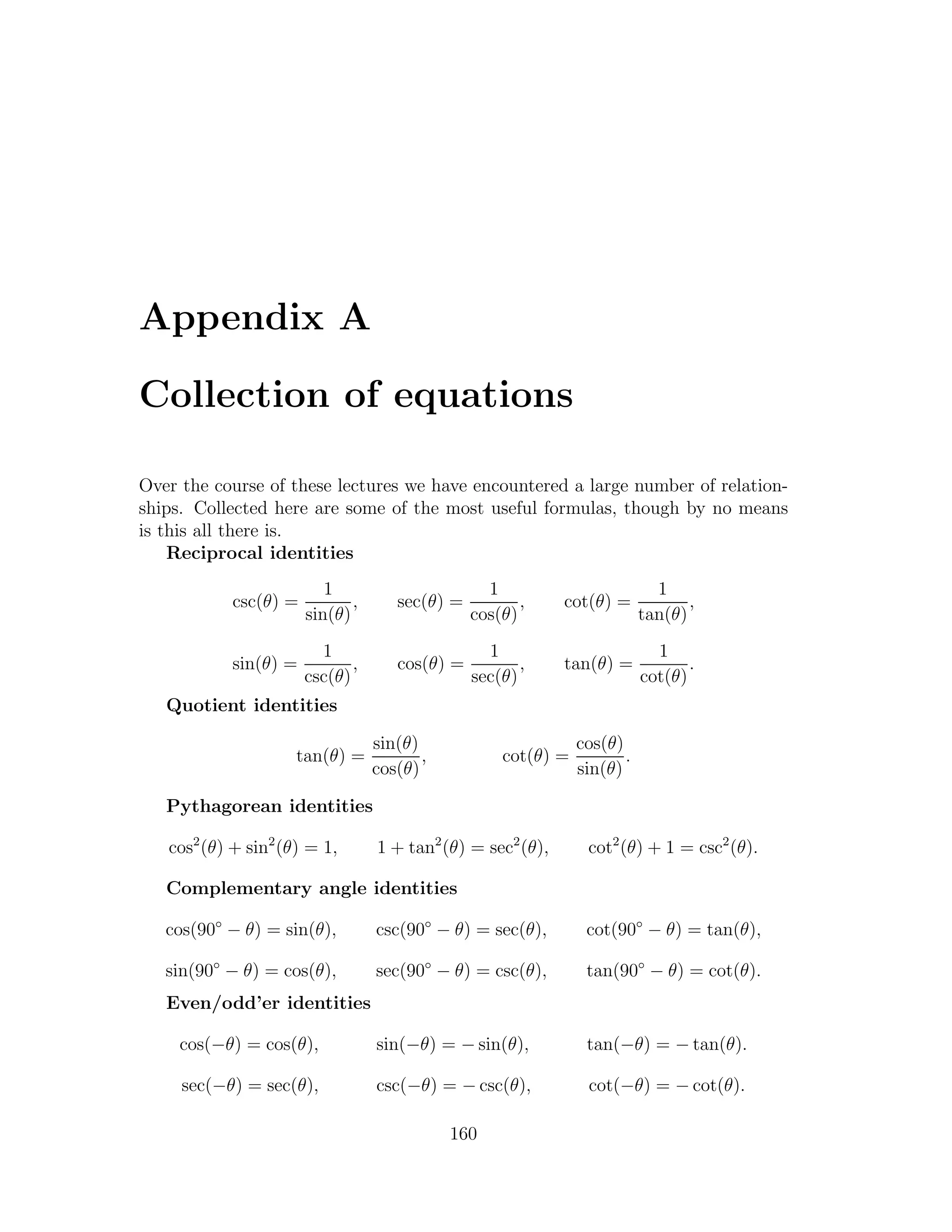 Appendix A

Collection of equations

Over the course of these lectures we have encountered a large number of relation-
ships. Collected here are some of the most useful formulas, though by no means
is this all there is.
    Reciprocal identities
                          1                       1                         1
            csc(θ) =          ,      sec(θ) =          ,     cot(θ) =            ,
                       sin(θ)                   cos(θ)                    tan(θ)
                         1                        1                         1
            sin(θ) =          ,      cos(θ) =          ,     tan(θ) =            .
                       csc(θ)                   sec(θ)                    cot(θ)
   Quotient identities

                                  sin(θ)                       cos(θ)
                     tan(θ) =            ,          cot(θ) =          .
                                  cos(θ)                       sin(θ)

   Pythagorean identities

   cos2 (θ) + sin2 (θ) = 1,       1 + tan2 (θ) = sec2 (θ),      cot2 (θ) + 1 = csc2 (θ).

   Complementary angle identities

   cos(90◦ − θ) = sin(θ),         csc(90◦ − θ) = sec(θ),        cot(90◦ − θ) = tan(θ),

   sin(90◦ − θ) = cos(θ),         sec(90◦ − θ) = csc(θ),        tan(90◦ − θ) = cot(θ).
   Even/odd’er identities

     cos(−θ) = cos(θ),            sin(−θ) = − sin(θ),           tan(−θ) = − tan(θ).

     sec(−θ) = sec(θ),            csc(−θ) = − csc(θ),           cot(−θ) = − cot(θ).

                                             160
 