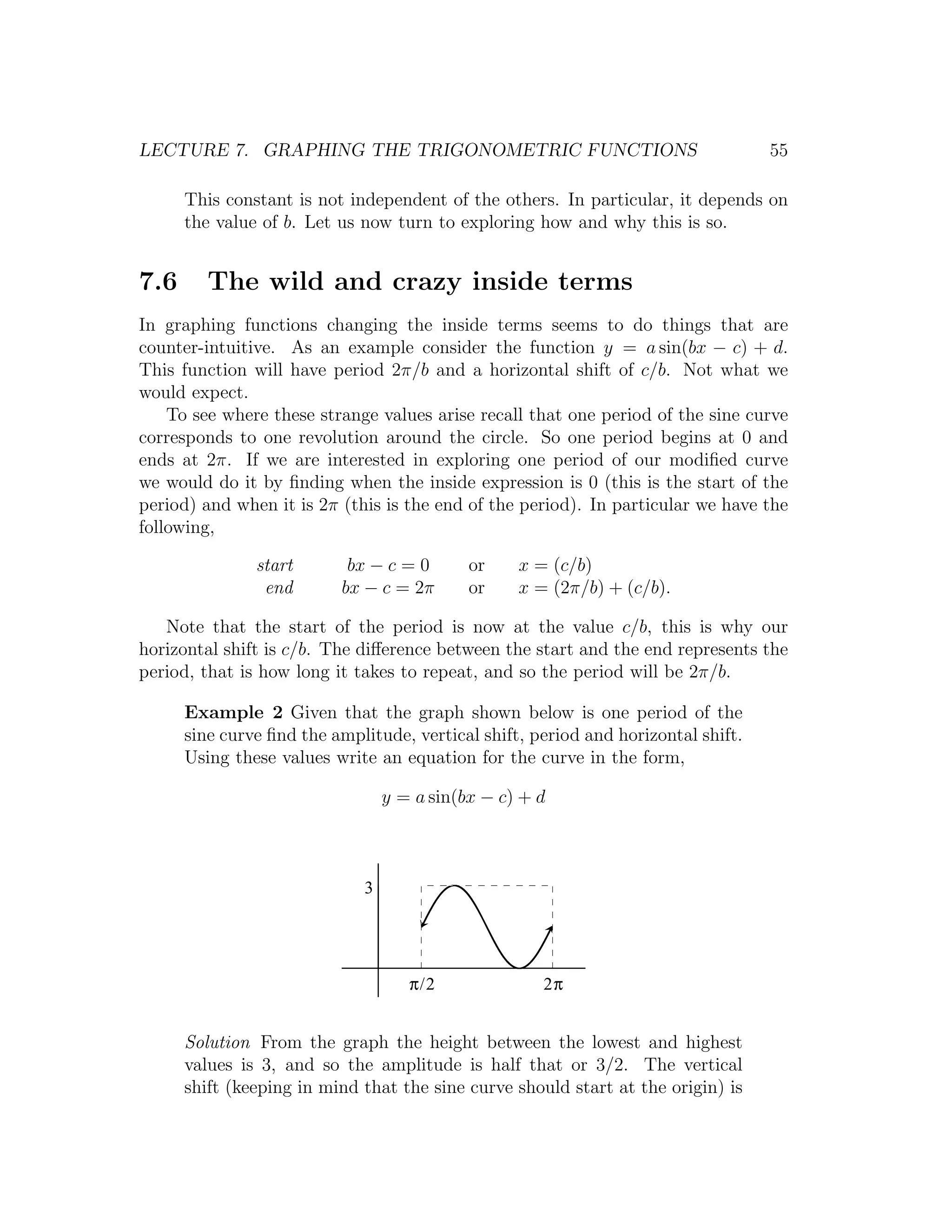 LECTURE 7. GRAPHING THE TRIGONOMETRIC FUNCTIONS                                    55

      This constant is not independent of the others. In particular, it depends on
      the value of b. Let us now turn to exploring how and why this is so.


7.6      The wild and crazy inside terms
In graphing functions changing the inside terms seems to do things that are
counter-intuitive. As an example consider the function y = a sin(bx − c) + d.
This function will have period 2π/b and a horizontal shift of c/b. Not what we
would expect.
    To see where these strange values arise recall that one period of the sine curve
corresponds to one revolution around the circle. So one period begins at 0 and
ends at 2π. If we are interested in exploring one period of our modiﬁed curve
we would do it by ﬁnding when the inside expression is 0 (this is the start of the
period) and when it is 2π (this is the end of the period). In particular we have the
following,

               start       bx − c = 0       or    x = (c/b)
                end       bx − c = 2π       or    x = (2π/b) + (c/b).

   Note that the start of the period is now at the value c/b, this is why our
horizontal shift is c/b. The diﬀerence between the start and the end represents the
period, that is how long it takes to repeat, and so the period will be 2π/b.

      Example 2 Given that the graph shown below is one period of the
      sine curve ﬁnd the amplitude, vertical shift, period and horizontal shift.
      Using these values write an equation for the curve in the form,

                                 y = a sin(bx − c) + d



                             3




                                    π/2              2π


      Solution From the graph the height between the lowest and highest
      values is 3, and so the amplitude is half that or 3/2. The vertical
      shift (keeping in mind that the sine curve should start at the origin) is
 
