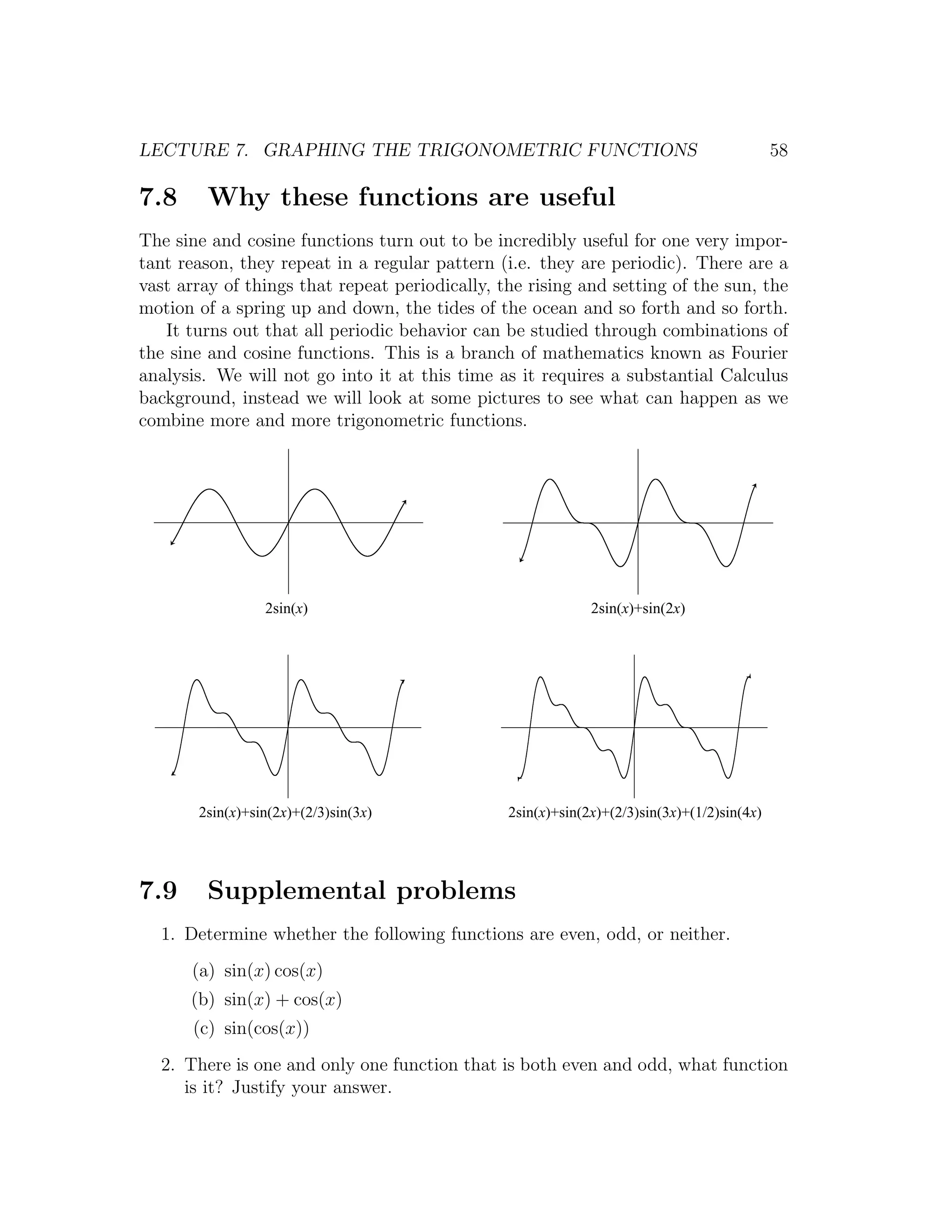 LECTURE 7. GRAPHING THE TRIGONOMETRIC FUNCTIONS                                             58

7.8     Why these functions are useful
The sine and cosine functions turn out to be incredibly useful for one very impor-
tant reason, they repeat in a regular pattern (i.e. they are periodic). There are a
vast array of things that repeat periodically, the rising and setting of the sun, the
motion of a spring up and down, the tides of the ocean and so forth and so forth.
   It turns out that all periodic behavior can be studied through combinations of
the sine and cosine functions. This is a branch of mathematics known as Fourier
analysis. We will not go into it at this time as it requires a substantial Calculus
background, instead we will look at some pictures to see what can happen as we
combine more and more trigonometric functions.




                 2sin(x)                                     2sin(x)+sin(2x)




       2sin(x)+sin(2x)+(2/3)sin(3x)             2sin(x)+sin(2x)+(2/3)sin(3x)+(1/2)sin(4x)




7.9     Supplemental problems
  1. Determine whether the following functions are even, odd, or neither.
      (a) sin(x) cos(x)
      (b) sin(x) + cos(x)
       (c) sin(cos(x))
  2. There is one and only one function that is both even and odd, what function
     is it? Justify your answer.
 