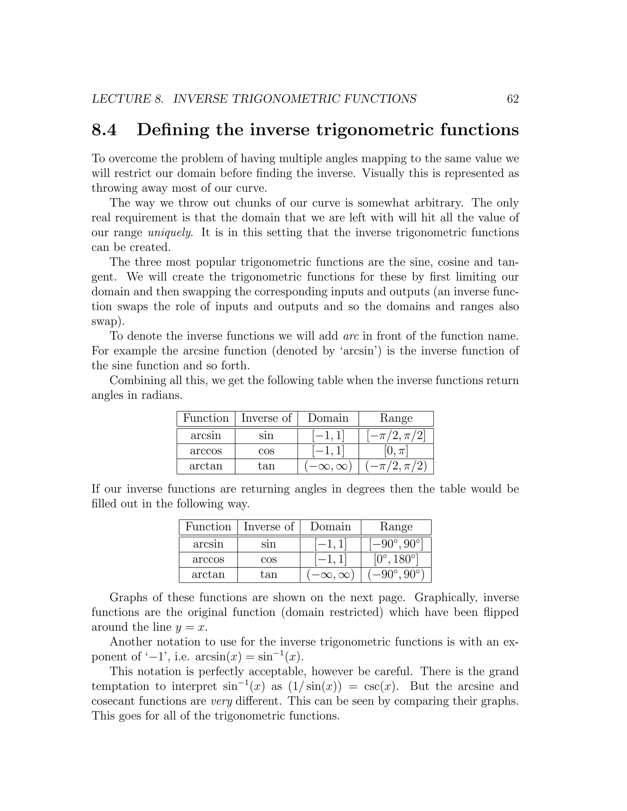 LECTURE 8. INVERSE TRIGONOMETRIC FUNCTIONS                                       62

8.4     Deﬁning the inverse trigonometric functions
To overcome the problem of having multiple angles mapping to the same value we
will restrict our domain before ﬁnding the inverse. Visually this is represented as
throwing away most of our curve.
    The way we throw out chunks of our curve is somewhat arbitrary. The only
real requirement is that the domain that we are left with will hit all the value of
our range uniquely. It is in this setting that the inverse trigonometric functions
can be created.
    The three most popular trigonometric functions are the sine, cosine and tan-
gent. We will create the trigonometric functions for these by ﬁrst limiting our
domain and then swapping the corresponding inputs and outputs (an inverse func-
tion swaps the role of inputs and outputs and so the domains and ranges also
swap).
    To denote the inverse functions we will add arc in front of the function name.
For example the arcsine function (denoted by ‘arcsin’) is the inverse function of
the sine function and so forth.
    Combining all this, we get the following table when the inverse functions return
angles in radians.
                 Function Inverse of      Domain       Range
                  arcsin     sin          [−1, 1]    [−π/2, π/2]
                  arccos     cos          [−1, 1]       [0, π]
                  arctan     tan         (−∞, ∞)     (−π/2, π/2)
If our inverse functions are returning angles in degrees then the table would be
ﬁlled out in the following way.
                  Function Inverse of      Domain        Range
                   arcsin     sin          [−1, 1]    [−90◦ , 90◦ ]
                   arccos     cos          [−1, 1]     [0◦ , 180◦ ]
                   arctan     tan         (−∞, ∞)     (−90◦ , 90◦ )
   Graphs of these functions are shown on the next page. Graphically, inverse
functions are the original function (domain restricted) which have been ﬂipped
around the line y = x.
   Another notation to use for the inverse trigonometric functions is with an ex-
ponent of ‘−1’, i.e. arcsin(x) = sin−1 (x).
   This notation is perfectly acceptable, however be careful. There is the grand
temptation to interpret sin−1 (x) as (1/ sin(x)) = csc(x). But the arcsine and
cosecant functions are very diﬀerent. This can be seen by comparing their graphs.
This goes for all of the trigonometric functions.
 