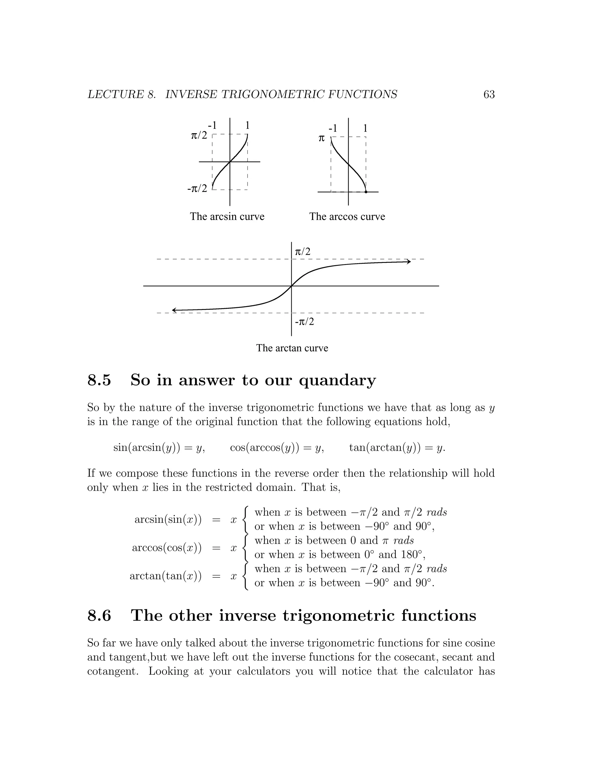 LECTURE 8. INVERSE TRIGONOMETRIC FUNCTIONS                                           63

                            -1     1                      -1     1
                      π/2                             π



                     -π/2

                     The arcsin curve             The arccos curve


                                               π/2




                                               -π/2

                                       The arctan curve


8.5      So in answer to our quandary
So by the nature of the inverse trigonometric functions we have that as long as y
is in the range of the original function that the following equations hold,

      sin(arcsin(y)) = y,        cos(arccos(y)) = y,           tan(arctan(y)) = y.

If we compose these functions in the reverse order then the relationship will hold
only when x lies in the restricted domain. That is,

                                       when x is between −π/2 and π/2 rads
          arcsin(sin(x)) = x
                                       or when x is between −90◦ and 90◦ ,
                                       when x is between 0 and π rads
         arccos(cos(x)) = x
                                       or when x is between 0◦ and 180◦ ,
                                       when x is between −π/2 and π/2 rads
         arctan(tan(x)) = x
                                       or when x is between −90◦ and 90◦ .

8.6      The other inverse trigonometric functions
So far we have only talked about the inverse trigonometric functions for sine cosine
and tangent,but we have left out the inverse functions for the cosecant, secant and
cotangent. Looking at your calculators you will notice that the calculator has
 