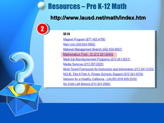 Resources – Pre K-12 Math http://www.lausd.net/math/index.htm 2 