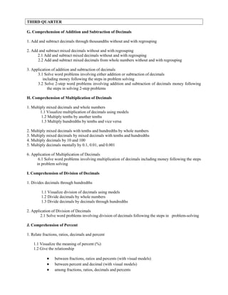 THIRD QUARTER
G. Comprehension of Addition and Subtraction of Decimals
1. Add and subtract decimals through thousandths without and with regrouping
2. Add and subtract mixed decimals without and with regrouping
2.1 Add and subtract mixed decimals without and with regrouping
2.2 Add and subtract mixed decimals from whole numbers without and with regrouping
3. Application of addition and subtraction of decimals
3.1 Solve word problems involving either addition or subtraction of decimals
including money following the steps in problem solving
3.2 Solve 2-step word problems involving addition and subtraction of decimals money following
the steps in solving 2-step problems
H. Comprehension of Multiplication of Decimals
1. Multiply mixed decimals and whole numbers
1.1 Visualize multiplication of decimals using models
1.2 Multiply tenths by another tenths
1.3 Multiply hundredths by tenths and vice versa
2. Multiply mixed decimals with tenths and hundredths by whole numbers
3. Multiply mixed decimals by mixed decimals with tenths and hundredths
4. Multiply decimals by 10 and 100
5. Multiply decimals mentally by 0.1, 0.01, and 0.001
6. Application of Multiplication of Decimals
6.1 Solve word problems involving multiplication of decimals including money following the steps
in problem solving
I. Comprehension of Division of Decimals
1. Divides decimals through hundredths
1.1 Visualize division of decimals using models
1.2 Divide decimals by whole numbers
1.3 Divide decimals by decimals through hundredths
2. Application of Division of Decimals
2.1 Solve word problems involving division of decimals following the steps in problem-solving
J. Comprehension of Percent
1. Relate fractions, ratios, decimals and percent
1.1 Visualize the meaning of percent (%)
1.2 Give the relationship
• between fractions, ratios and percents (with visual models)
• between percent and decimal (with visual models)
• among fractions, ratios, decimals and percents
 