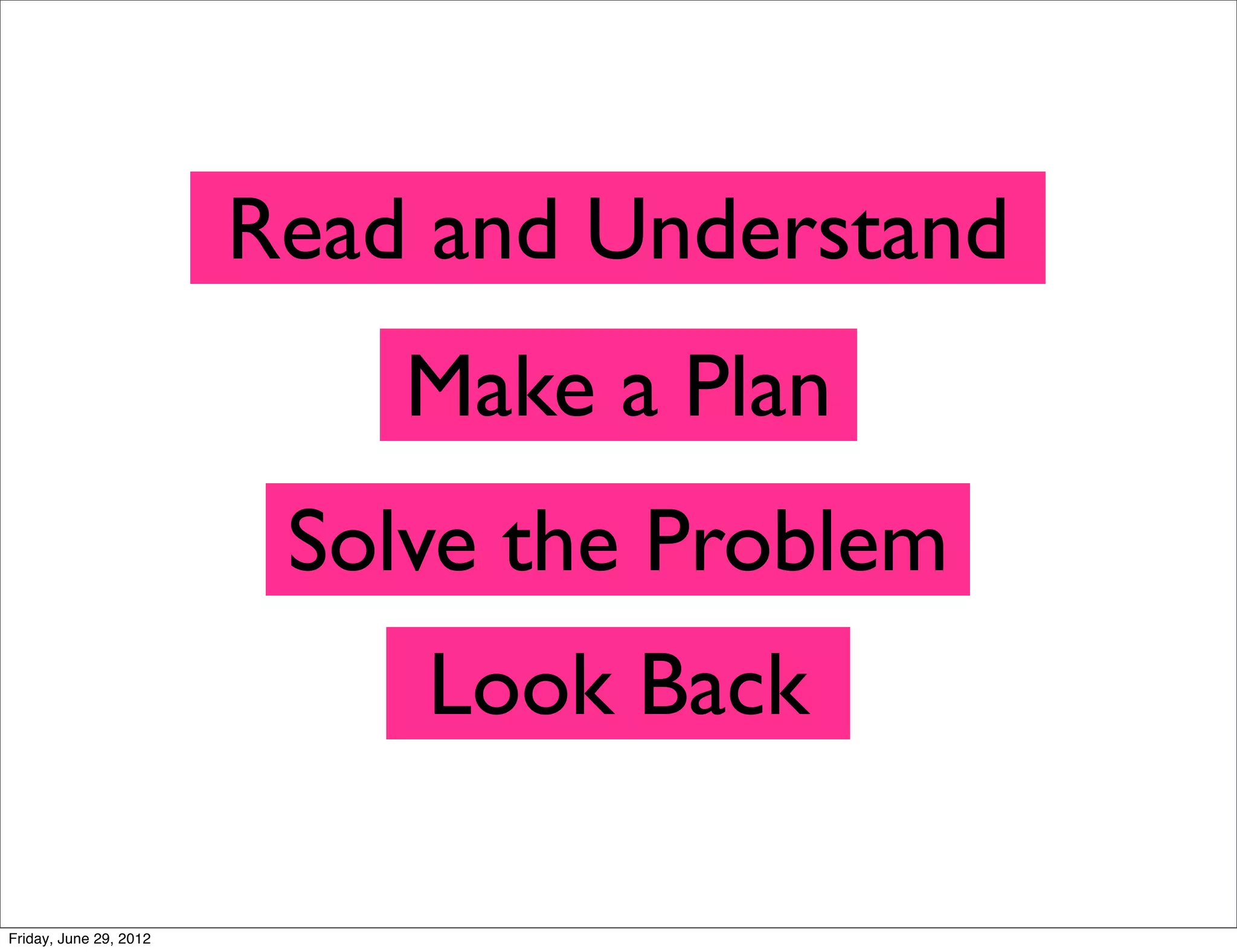 Read and Understand
Make a Plan
Solve the Problem
Look Back
Friday, June 29, 2012