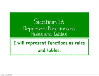 Section 1.6
                            Represent Functions as
                               Rules and Tables
                        I will represent functions as rules
                                    and tables.


Friday, June 29, 2012
 