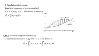 2. Area between two curves :
Case 1(No intersecting of two curves in [a,b])
If 𝑦1 = 𝑓 𝑥 , 𝑦2 = 𝑔 𝑥 then the area is defined as
𝐴𝑎
𝑏 = 𝑎
𝑏
𝑦1 − 𝑦2 𝑑𝑥
Case 2(An intersecting point exists in [a,b])
The area between two curves 𝑦1, 𝑦2 from x=a to x=b is defined as
𝐴𝑎
𝑏 =
𝑎
𝑐
𝑦2 − 𝑦1 𝑑𝑥 +
𝑐
𝑏
(𝑦1 − 𝑦2) 𝑑𝑥
 