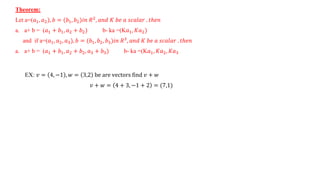 Theorem:
Let a=(𝑎1, 𝑎2), 𝑏 = (𝑏1, 𝑏2)𝑖𝑛 𝑅2
, 𝑎𝑛𝑑 𝐾 𝑏𝑒 𝑎 𝑠𝑐𝑎𝑙𝑎𝑟 . 𝑡ℎ𝑒𝑛
a. a+ b = (𝑎1 + 𝑏1, 𝑎2 + 𝑏2) b- ka =(K𝑎1, 𝐾𝑎2)
and if a=(𝑎1, 𝑎2, 𝑎3), 𝑏 = (𝑏1, 𝑏2, 𝑏3)𝑖𝑛 𝑅3
, 𝑎𝑛𝑑 𝐾 𝑏𝑒 𝑎 𝑠𝑐𝑎𝑙𝑎𝑟 . 𝑡ℎ𝑒𝑛
a. a+ b = (𝑎1 + 𝑏1, 𝑎2 + 𝑏2, 𝑎3 + 𝑏3) b- ka =(K𝑎1, 𝐾𝑎2, 𝐾𝑎3
EX: 𝑣 = 4, −1 , 𝑤 = 3,2 be are vectors find 𝑣 + 𝑤
𝑣 + 𝑤 = 4 + 3, −1 + 2 = (7,1)
 