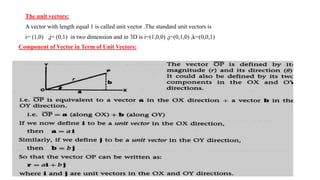 The unit vectors:
A vector with length equal 1 is called unit vector .The standard unit vectors is
i= (1,0) ,j= (0,1) in two dimension and in 3D is i=(1,0,0) ,j=(0,1,0) ,k=(0,0,1)
Component of Vector in Term of Unit Vectors:
 