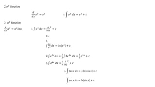 2.𝑒𝑥 function
𝑑
𝑑𝑥
𝑒𝑥
= 𝑒𝑥
∴ 𝑒𝑥
𝑑𝑥 = 𝑒𝑥
+ 𝑐
3. 𝑎𝑥
function
𝑑
𝑑𝑥
𝑎𝑥 = 𝑎𝑥𝑙𝑛𝑎 ∴ 𝑎𝑥 𝑑𝑥 =
𝑎
𝑙𝑛𝑎
𝑥
+ 𝑐
Ex:
1.
2𝑥
𝑥2 𝑑𝑥 = 𝑙𝑛 𝑥2 + 𝑐
2. 𝑒3𝑥
𝑑𝑥 =
1
3
3𝑒3𝑥
𝑑𝑥 =
1
3
𝑒3𝑥
+ 𝑐
3. 24𝑥
𝑑𝑥 =
1
4
2
𝑙𝑛2
𝑥
+ 𝑐
∴. tan 𝑥 𝑑𝑥 = −𝑙𝑛 cos 𝑥 + 𝑐
cot 𝑥 𝑑𝑥 = 𝑙𝑛 sin 𝑥 + 𝑐
 