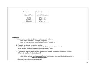 Questions: 
1. Observe the numbers in Column I and Column II in Set A. 
How do the numbers in each pair compare? 
How are the numbers in Column I expressed? Column II? 
2. For each set, look at the second number. 
How does the second number compare with the number in decimal form? 
What can you say about the second number in each pair? 
3. Observe the position of the decimal point in each number expressed in scientific notation. 
Where do you find the decimal point? 
Note: If the decimal point appears after the first nonzero digit, such decimal number is in 
STANDARD POSITION 
4. Discuss your findings with your partner. 
19 
Column I 
Decimal Form 
0.3768 
0.03768 
0.003768 
Column II 
Scientific Notation 
3.768 x 10-1 
3.768 x 10-2 
3.768 x 10-3 
 