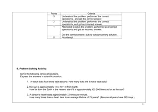 B. Problem Solving Activity: 
Solve the following .Show all solutions. 
Express the answers in scientific notation. 
1. A watch ticks four times each second. How many ticks will it make each day? 
2.The sun is approximately 1.5 x 1011 m from Earth. 
How far from the Earth is the nearest star if it is approximately 300 000 times as far as the sun? 
3. A person’s heart beats approximately 72 times per minute. 
How many times does a heart beat in an average lifetime of 75 years? (Assume all years have 365 days.). 
21 
Points Criteria 
3 Understood the problem, performed the correct 
operation/s, and got the correct answer. 
2 Understood the problem, performed the correct 
operation/s, and got an incorrect answer 
1 Attempted to solve the problem, performed an incorrect 
operation/s and got an incorrect answer. 
Got the correct answer, but no solutions/wrong solution. 
0 No attempt 
 