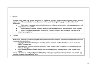 3. Deepen 
Activities in this stage shall provide opportunity for the learner to reflect, revisit, revise and rethink about a variety of 
experiences. Moreover, the learner shall express his/her understanding and engage in multidirectional self-assessment. 
· Making and evaluating mathematical conjectures and arguments involving first-degree equations and 
· Investigating solutions to problems related to first-degree equations and inequalities in one variable 
· Writing journals on situations or experiences involving equations and inequalities that need to be 
4. Transfer 
30 
inequalities in one variable 
valued by every learner 
Applications of learner’s understanding are demonstrated through culminating activities that reflect meaningful and 
relevant problems/situations. 
· Applying mathematical thinking and modeling to solve problems in other disciplines such as art, music, 
science, business, etc. 
· Creating/posing and solving problems involving linear equations and inequalities in one variable using a 
variety of strategies 
· Using models present a problem solving plan on linear equations and inequalities in one variable using 
models 
Making a flowchart on intelligent digital model applying first-degree equations and inequalities in one variable (e.g. 
robotics, software, business model, etc.) 
 