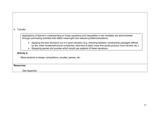 4. Transfer 
Activity 4: 
Allow students to design competitions, puzzles, games, etc. 
Resources: 
See Appendix 
53 
Applications of learner’s understanding on linear equations and inequalities in two variables are demonstrated 
through culminating activities that reflect meaningful and relevant problems/situations. 
· Applying the best decisions out of a given situation (e.g. choosing between membership packages offered 
by two video rentals/cell phone companies, best time to plant crops that would produce more harvest, etc.). 
· Designing games and puzzles which would use systems of linear equations. 
 