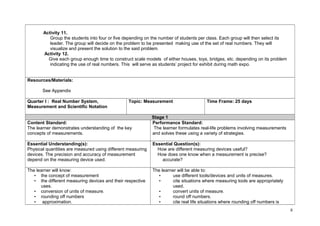Activity 11. 
Group the students into four or five depending on the number of students per class. Each group will then select its 
leader. The group will decide on the problem to be presented making use of the set of real numbers. They will 
visualize and present the solution to the said problem. 
Activity 12. 
Give each group enough time to construct scale models of either houses, toys, bridges, etc. depending on its problem 
indicating the use of real numbers. This will serve as students’ project for exhibit during math expo. 
Resources/Materials: 
See Appendix 
Quarter I : Real Number System, 
Measurement and Scientific Notation 
Topic: Measurement Time Frame: 25 days 
Stage 1 
Content Standard: 
The learner demonstrates understanding of the key 
concepts of measurements. 
Performance Standard: 
The learner formulates real-life problems involving measurements 
and solves these using a variety of strategies. 
Essential Understanding(s): 
Physical quantities are measured using different measuring 
devices. The precision and accuracy of measurement 
depend on the measuring device used. 
Essential Question(s): 
How are different measuring devices useful? 
How does one know when a measurement is precise? 
accurate? 
The learner will know: 
• the concept of measurement 
• the different measuring devices and their respective 
uses. 
• conversion of units of measure. 
• rounding off numbers 
• approximation. 
The learner will be able to: 
• use different tools/devices and units of measures. 
• cite situations where measuring tools are appropriately 
used. 
• convert units of measure. 
• round off numbers. 
• cite real life situations where rounding off numbers is 
8 
 