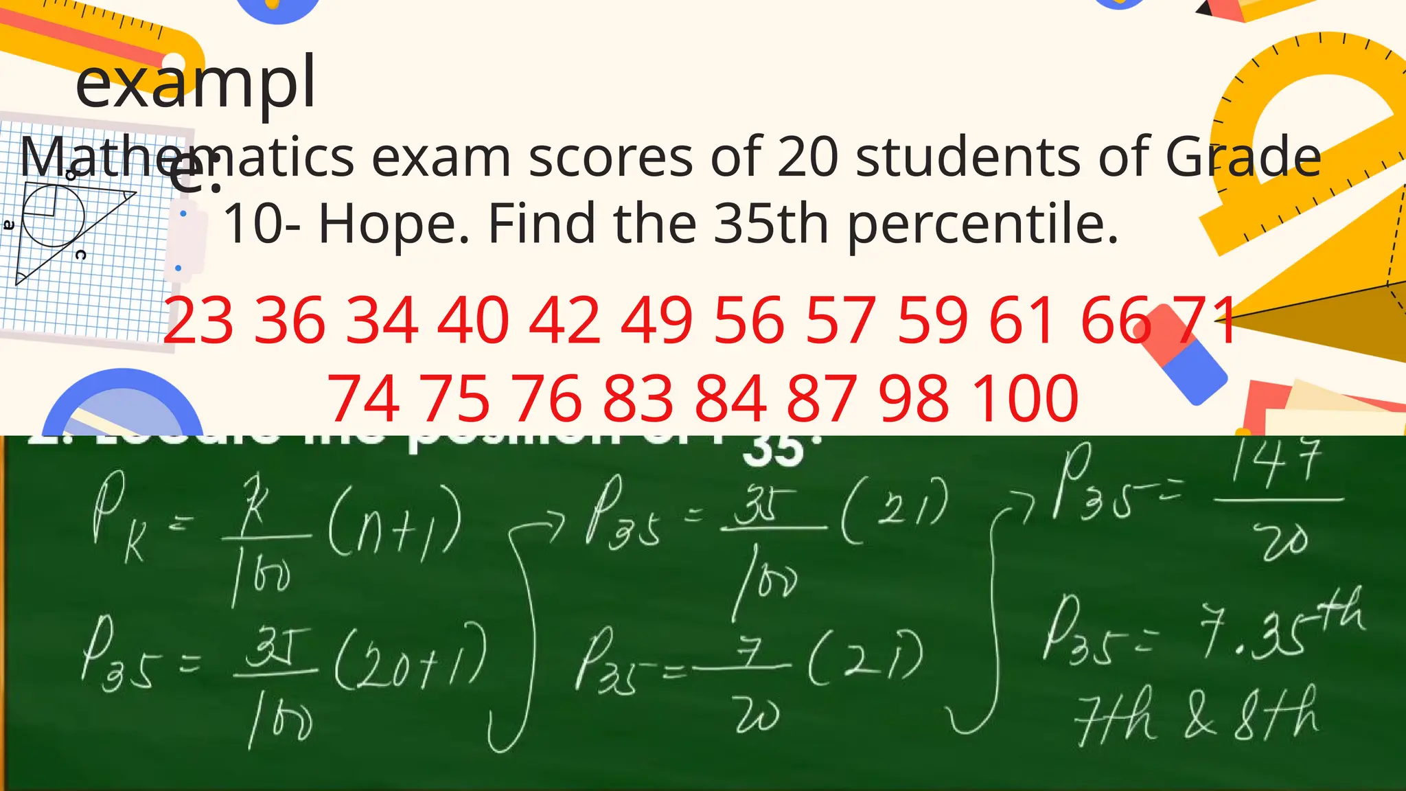 exampl
e:
Mathematics exam scores of 20 students of Grade
10- Hope. Find the 35th percentile.
23 36 34 40 42 49 56 57 59 61 66 71
74 75 76 83 84 87 98 100