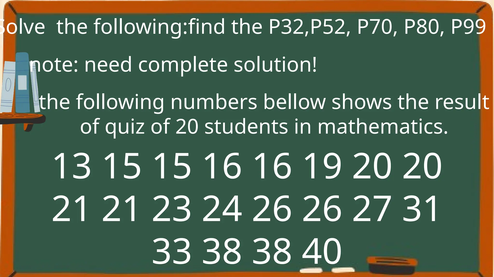 Solve the following:find the P32,P52, P70, P80, P99
the following numbers bellow shows the result
of quiz of 20 students in mathematics.
13 15 15 16 16 19 20 20
21 21 23 24 26 26 27 31
33 38 38 40
note: need complete solution!