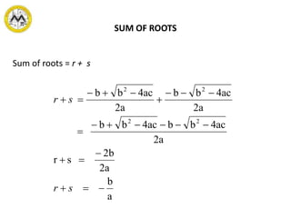 SUM OF ROOTS
a
b
a2
b2
sr
a2
ac4bbac4bb
a2
ac4bb
a2
ac4bb
22
22









sr
sr
Sum of roots = r + s
 