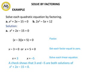 SOLVE BY FACTORING
Solve each quadratic equation by factoring.
a. x2 + 2x – 15 = 0 b. 2x2 – 5x = 12
Solution:
a. x2 + 2x – 15 = 0
(x – 3)(x + 5) = 0
x – 3 = 0 or x + 5 = 0
x = 3 x = –5
A check shows that 3 and –5 are both solutions of
x2 + 2x – 15 = 0.
Factor.
Set each factor equal to zero.
Solve each linear equation.
EXAMPLE
 