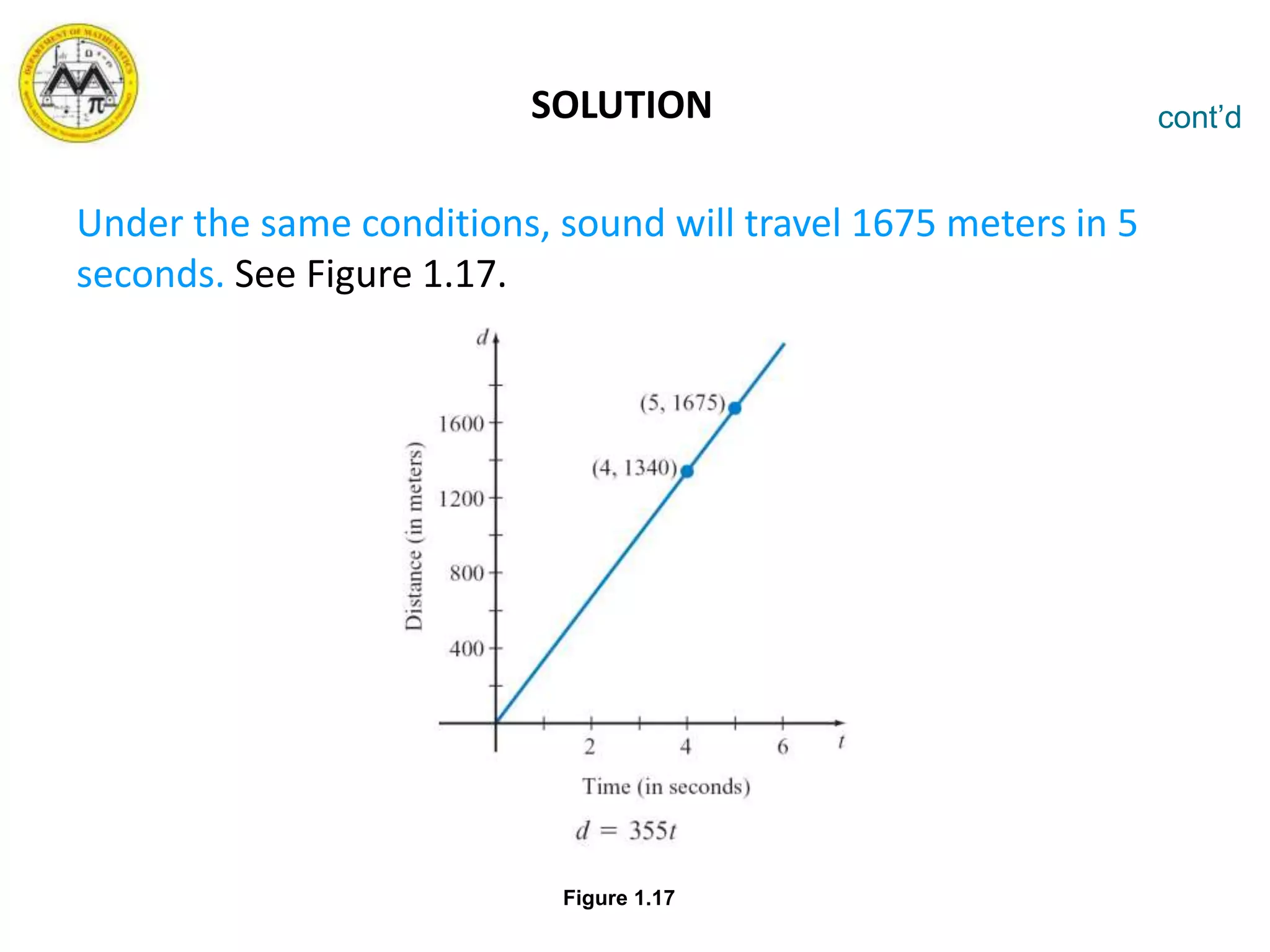 SOLUTION
Under the same conditions, sound will travel 1675 meters in 5
seconds. See Figure 1.17.
cont’d
Figure 1.17
 