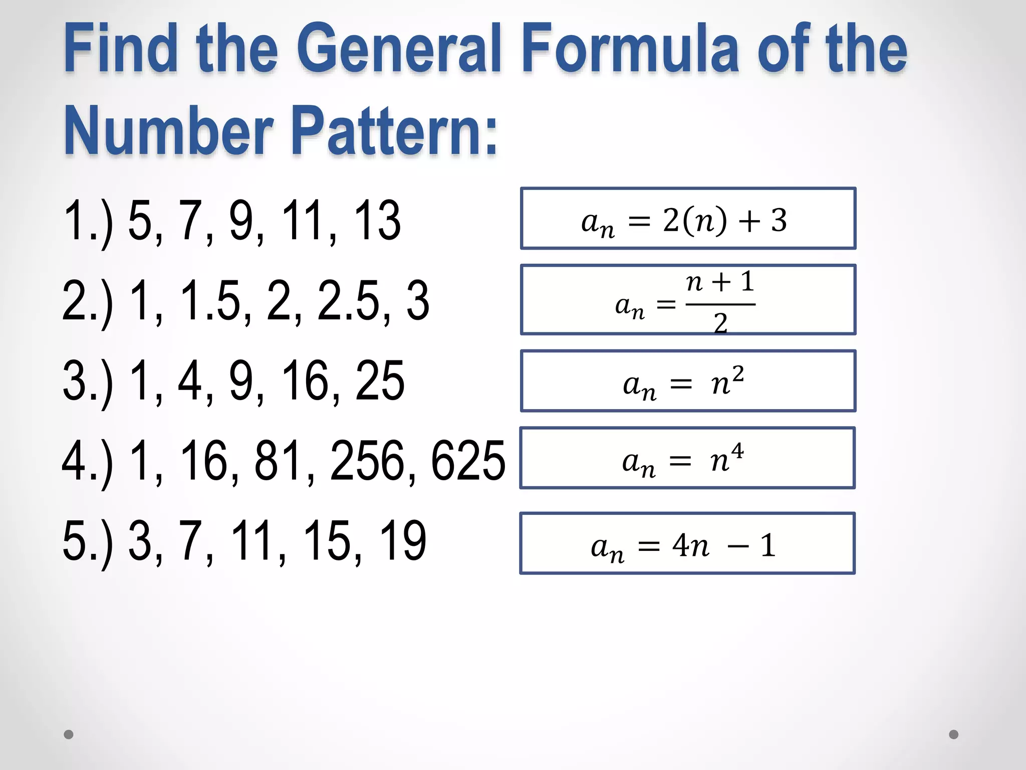 Find the General Formula of the
Number Pattern:
1.) 5, 7, 9, 11, 13
2.) 1, 1.5, 2, 2.5, 3
3.) 1, 4, 9, 16, 25
4.) 1, 16, 81, 256, 625
5.) 3, 7, 11, 15, 19
𝑎 𝑛 = 2 𝑛 + 3
𝑎 𝑛 =
𝑛 + 1
2
𝑎 𝑛 = 𝑛2
𝑎 𝑛 = 𝑛4
𝑎 𝑛 = 4𝑛 − 1