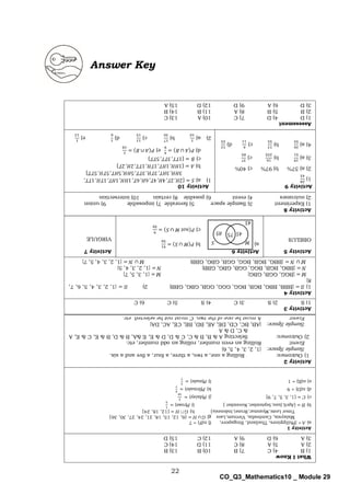 22
CO_Q3_Mathematics10 _ Module 29
What
I
Know
1)
B
4)
C
7)
B
10)
B
13)
B
2)
A
5)
A
8)
C
11)
D
14)
C
3)
A
6)
D
9)
A
12)
C
15)
D
Activity
1
a)
A
=
{Philippines,
Thailand,
Singapore,
f)
n(F)
=
7
Malaysia,
Cambodia,
Vietnam,
Laos
g)
G
∪
H
=
{6,
12,
15,
18,
21,
24,
27,
30,
36}
Timor
Leste,
Myanmar,
Brunei,
Indonesia}
h)
G
∩
H
=
{12,
18,
24}
b)
B
=
{April,
June,
September,
November
}
i)
P(rose)
=
1
5
c)
C
=
{1,
3,
5,
7,
9}
j)
P(daisy)
=
3
10
d)
n(D)
=
9
k)
P(female)
=
4
7
e)
n(E)
=
1
l)
P(male)
=
3
7
Activity
3
1)
S
2)
S
3)
C
4)
S
5)
C
6)
C
Activity
2
1)
Outcomes:
Rolling
a
one,
a
two,
a
three,
a
four,
a
five
and
a
six.
Sample
Space:
{1,
2,
3,
4,
5,
6}
Event:
Rolling
an
even
number,
rolling
an
odd
number,
etc.
2)
Outcomes:
Selecting
A
&
B,
B
&
C,
C
&
D,
D
&
E,
E
&A,
B
&
D,
B
&
E,
C
&
E,
A
&
C,
D
&
A
Sample
Space:
{AB,
BC,
CD,
DE,
AE,
BD,
BE,
CE,
AC,
DA}
Event:
A
must
be
one
of
the
two.
C
must
not
be
selected,
etc.
Activity
4
1)
S
=
{BBB,
BBG,
BGB,
BGG,
GGG,
GGB,
GBG,
GBB}
2)
S
=
{1,
2,
3,
4,
5,
6,
7,
8}
M
=
{BGG,
GGB,
GBG}
M
=
{1,
3,
5,
7}
N
=
{BBG,
BGB,
BGG,
GGB,
GBG,
GBB}
N
=
{1,
2,
3,
4,
5}
M
∪
N
=
{BBG,
BGB,
BGG,
GGB,
GBG,
GBB}
M
∪
N
=
{1,
2,
3,
4,
5,
7}
M
∩
N
=
{BGG,
GGB,
GBG}
M
∩
N
=
{1,
3,
5}
Activity
5
OBELUS
Activity
6
a)
b)
𝑃(𝑀
∪
𝑆)
=
41
50
c)
𝑃(𝑛𝑜𝑡
𝑀
∪
𝑆)
=
9
50
Activity
7
VIRGULE
Activity
8
1)
Experiment
3)
Sample
space
5)
favorable
7)
impossible
9)
union
2)
outcomes
4)
event
6)
possible
8)
certain
10)
intersection
Activity
9
1)
28
45
2)
a)
57%
b)
97%
c)
40%
3)
a)
19
51
b)
16
255
c)
37
85
4)
a)
26
55
b)
13
55
c)
6
11
d)
12
55
Activity
10
1)
a)
𝑆
=
{2𝐻,
2𝑇,
4𝐻,
4𝑇,
6𝐻,
6𝑇,
1𝐻𝐻,
1𝐻𝑇,
1𝑇𝐻,
1𝑇𝑇,
3𝐻𝐻,
3𝐻𝑇,
3𝑇𝐻,
3𝑇𝑇,
5𝐻𝐻,
5𝐻𝑇,
5𝑇𝐻,
5𝑇𝑇}
b)
𝐴
=
{1𝐻𝐻,
1𝐻𝑇,
1𝑇𝐻,
1𝑇𝑇,
2𝐻,
2𝑇}
c)
𝐵
=
{1𝑇𝑇,
3𝑇𝑇,
5𝑇𝑇}
d)
𝑃(𝐴
∪
𝐵)
=
4
9
e)
𝑃(𝐴
∩
𝐵)
=
1
18
2)
a)
1
10
b)
17
30
c)
11
15
d)
1
6
e)
1
12
Assessment
1)
D
4)
D
7)
C
10)
A
13)
C
2)
B
5)
B
8)
A
11)
B
14)
B
3)
D
6)
A
9)
D
12)
D
15)
A
Answer Key
75
M
S
45
85
45
 