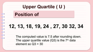 Upper Quartile ( U )
Position of
12, 13, 18, 19, 24 , 27, 30 32, 34
The computed value is 7.5 after rounding down.
The upper quartile value (Q3) is the 7th
data
element so Q3 = 30
 