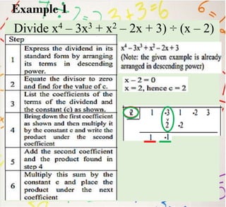 Example 1
Divide x4 – 3x3 + x2 – 2x + 3) ÷ (x – 2)
v
v
v
 