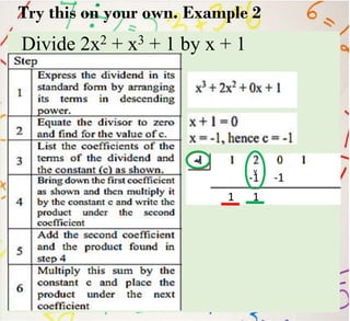 Try this on your own. Example 2
Divide 2x2 + x3 + 1 by x + 1
1
v
-1
v
1
v
-1
 