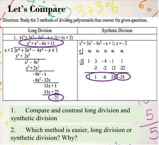 1. Compare and contrast long division and
synthetic division
Let’s Compare
2. Which method is easier, long division or
synthetic division? Why?
 